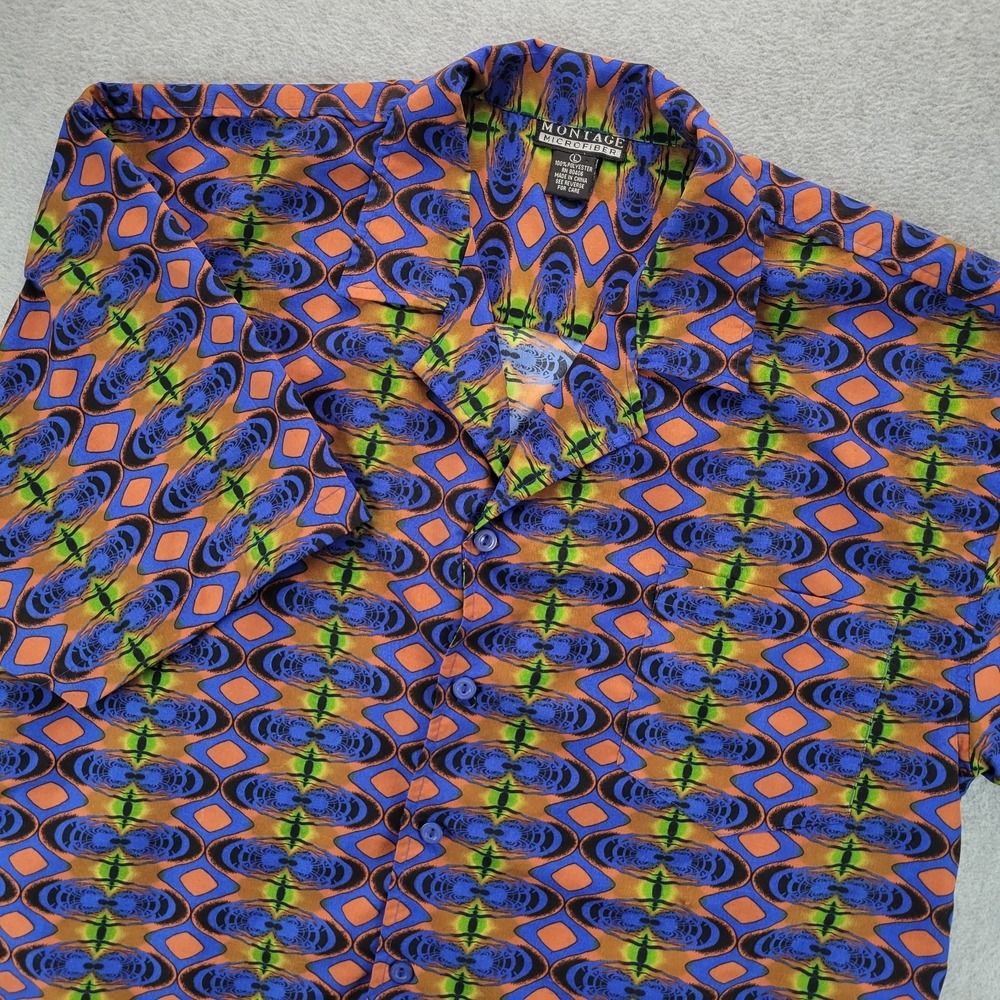 Vintage Montage Microfiber Button Shirt Mens L Rave Psychodelic Pattern Camp 90s